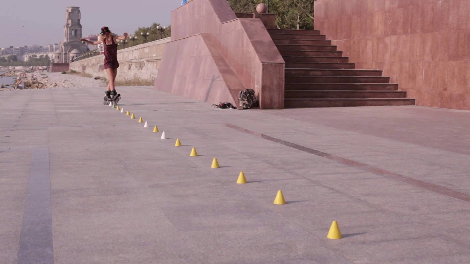 rollerblading, yellow cones, paved plaza, Full HD Desktop Wallpaper