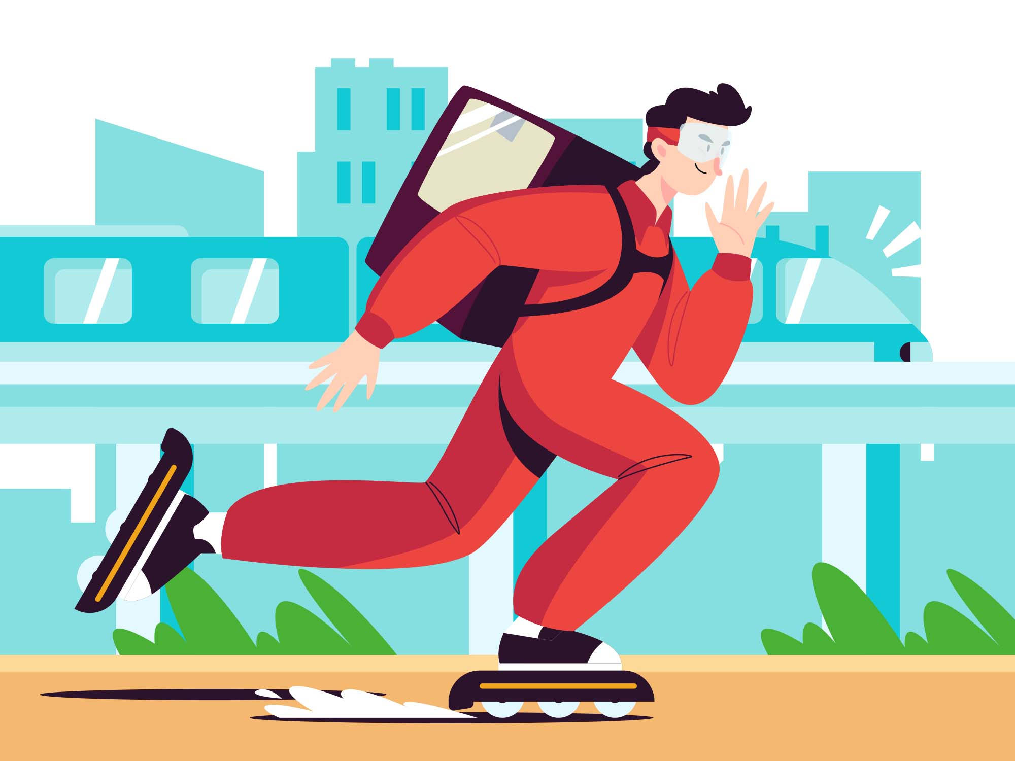 red suit, large backpack, stylized cityscape, Full HD Desktop Wallpaper