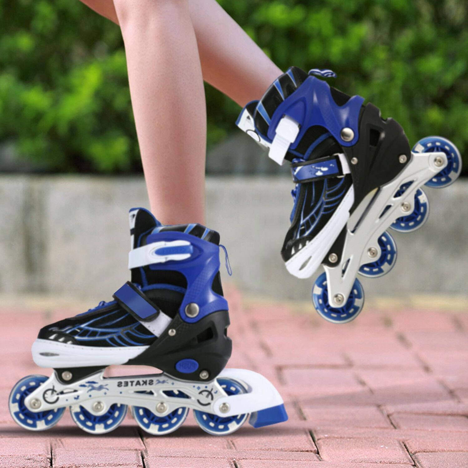 blue and black inline skates, red brick pavement, blurred green foliage background, HD Desktop Wallpaper