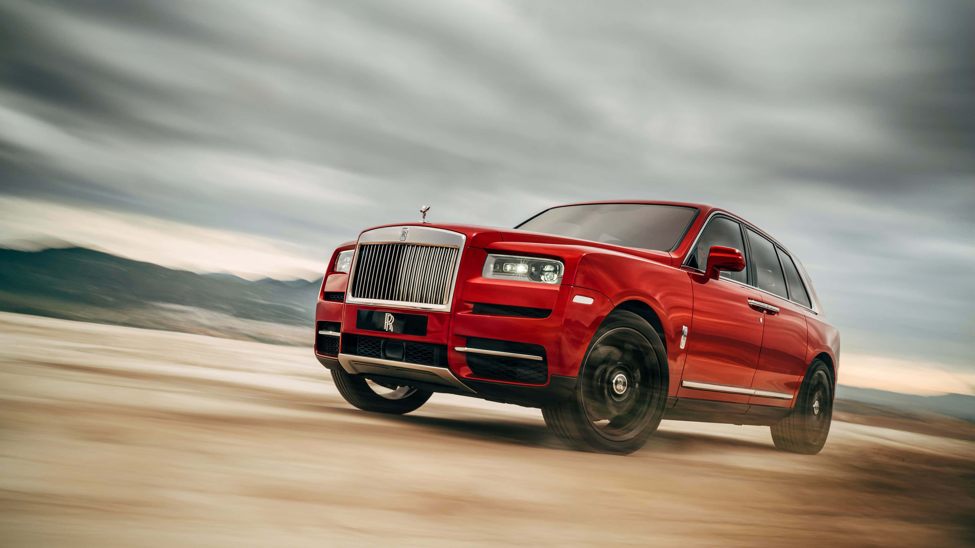 Rolls Royce Cullinan, vibrant red, desert, 4K Desktop Wallpaper