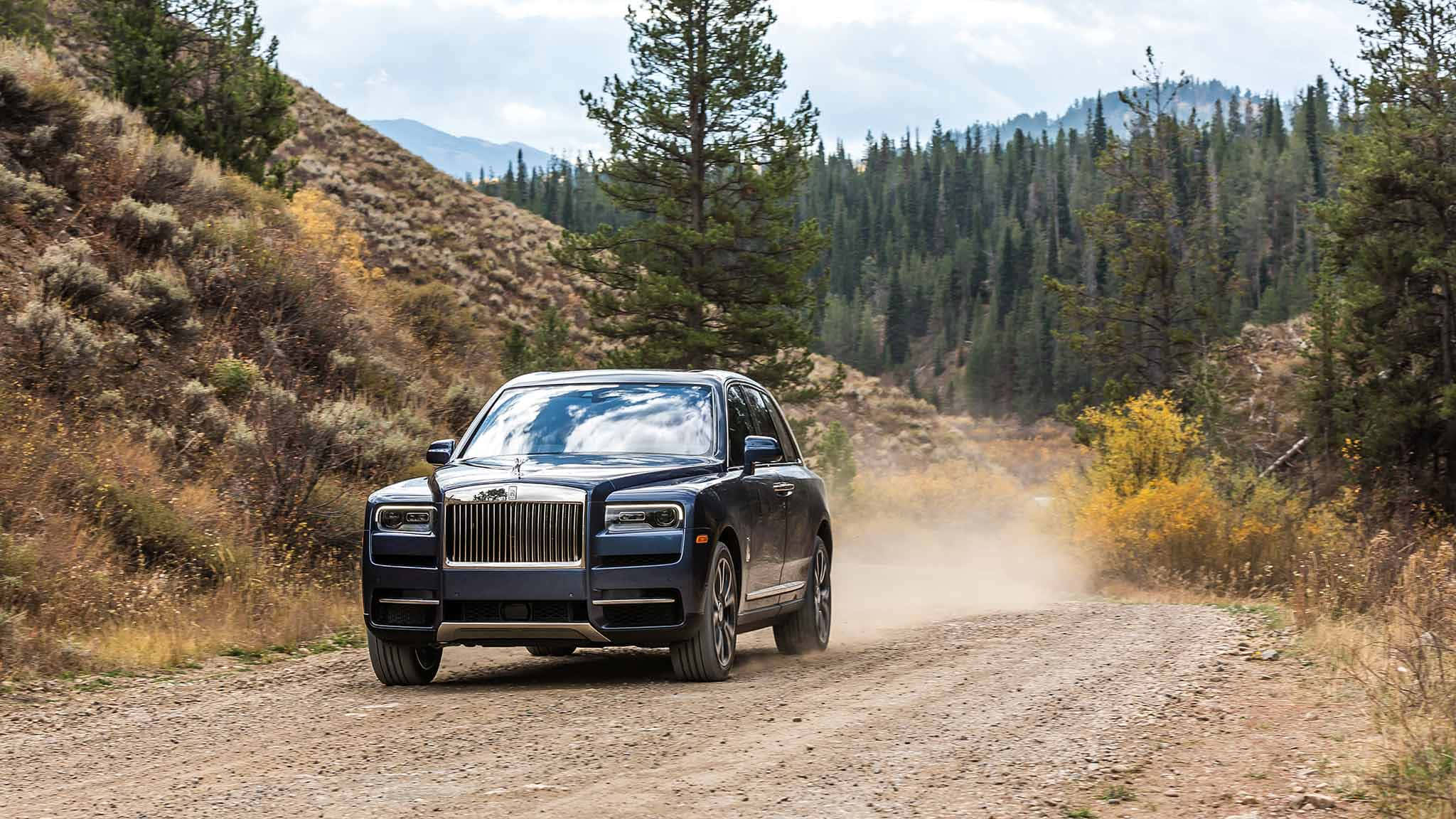 Rolls Royce Cullinan, sleek black, dusty forest road, Full HD Desktop Wallpaper