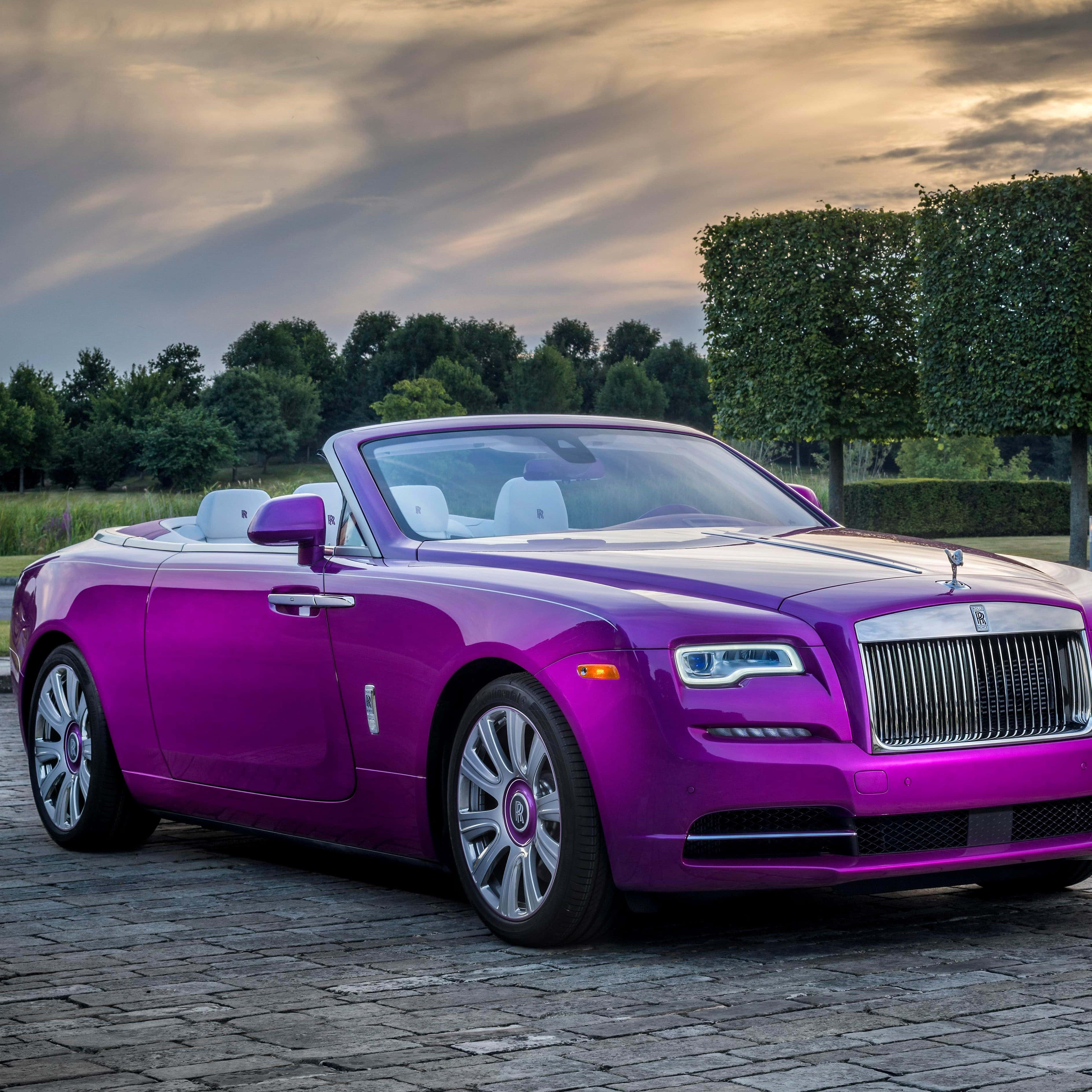 Rolls Royce Dawn, vibrant purple, cobblestone path, 2K Desktop Wallpaper