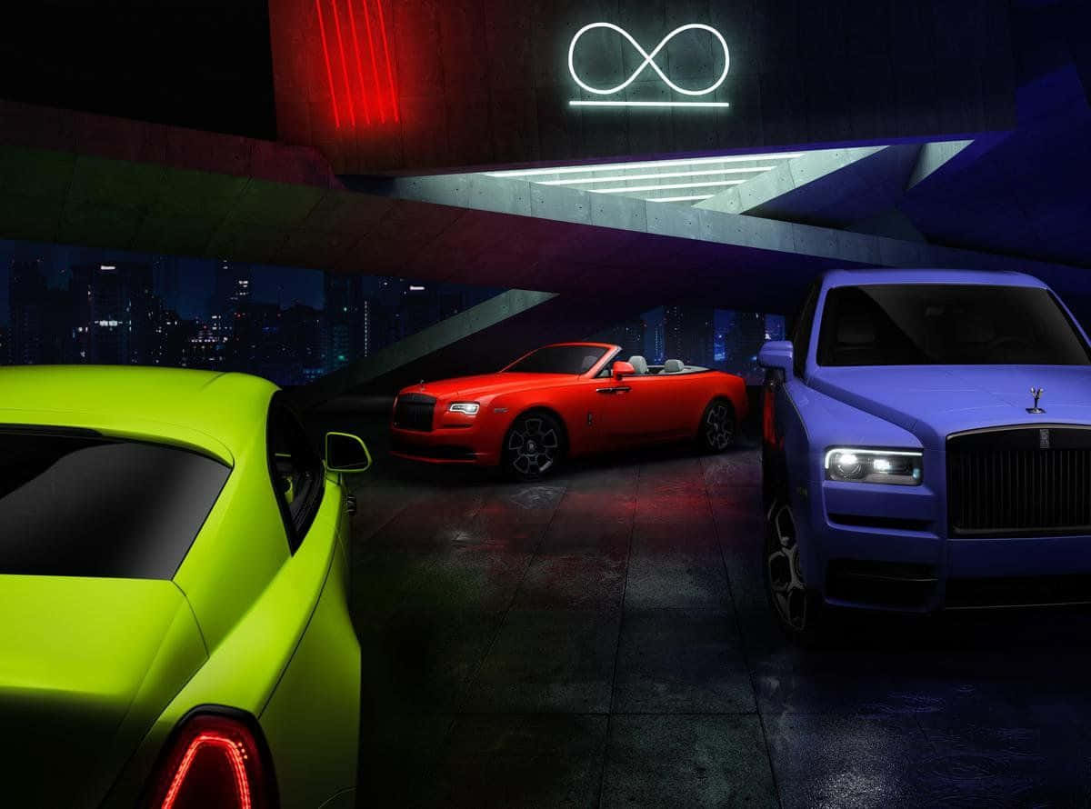 Rolls Royce Dawn, neon colors, glowing infinity sign, SD Desktop Wallpaper