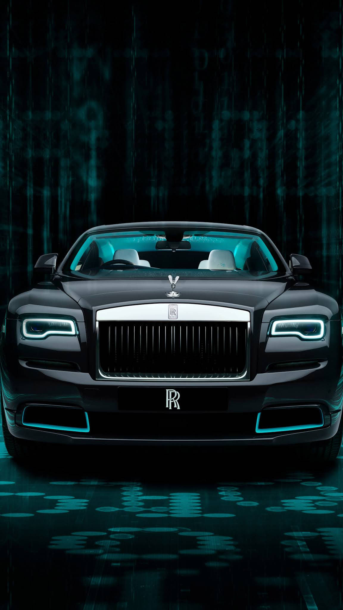 Rolls Royce Ghost, neon blue lights, dark digital rain backdrop, Full HD Phone Wallpaper