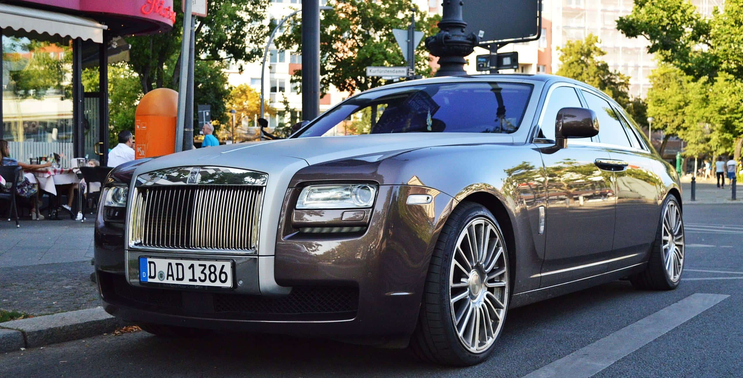 Rolls Royce Ghost, dark gray, tree-lined urban street, Full HD Desktop Wallpaper