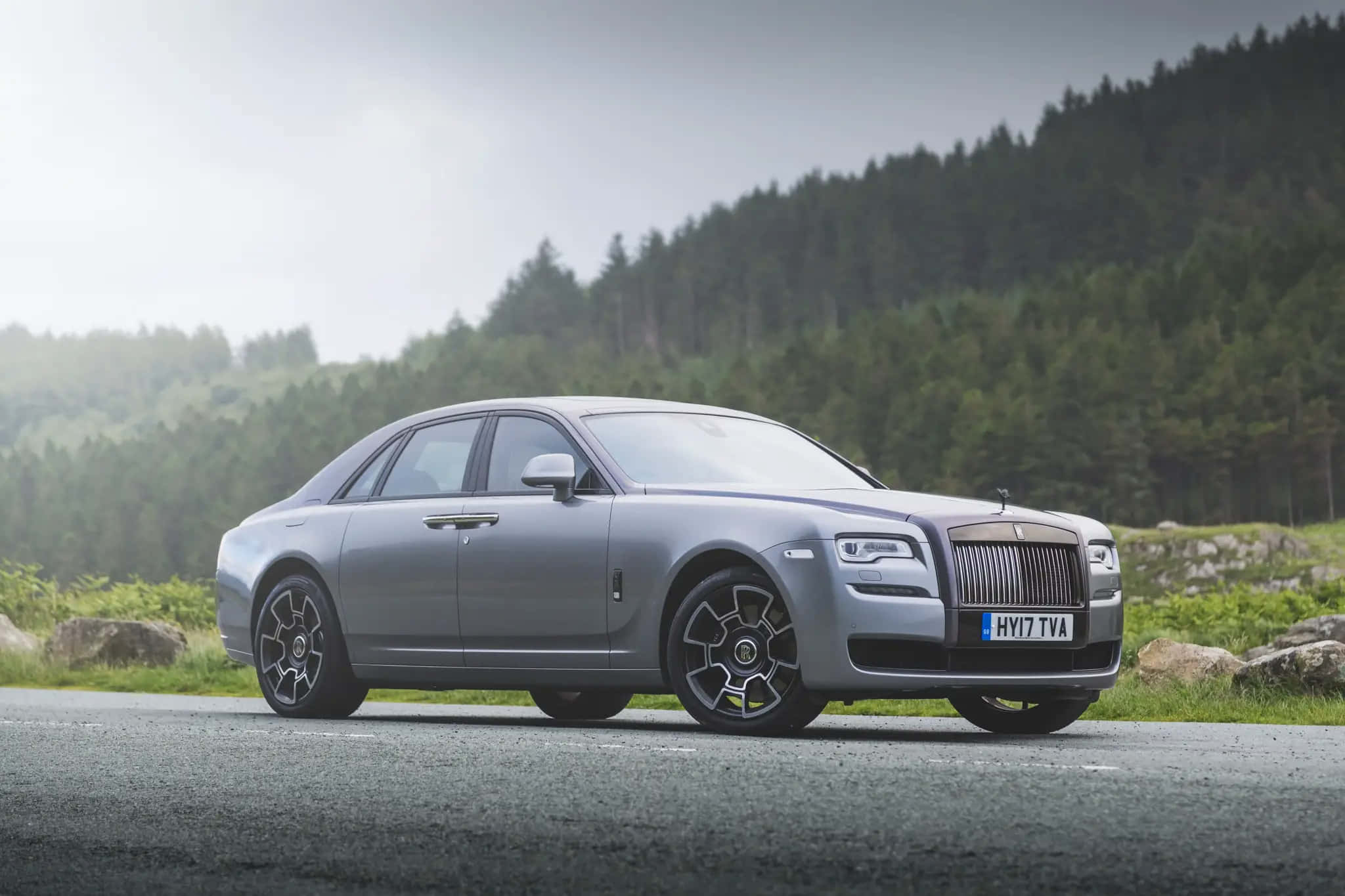 Rolls Royce Ghost, silver, misty road, Full HD Desktop Wallpaper
