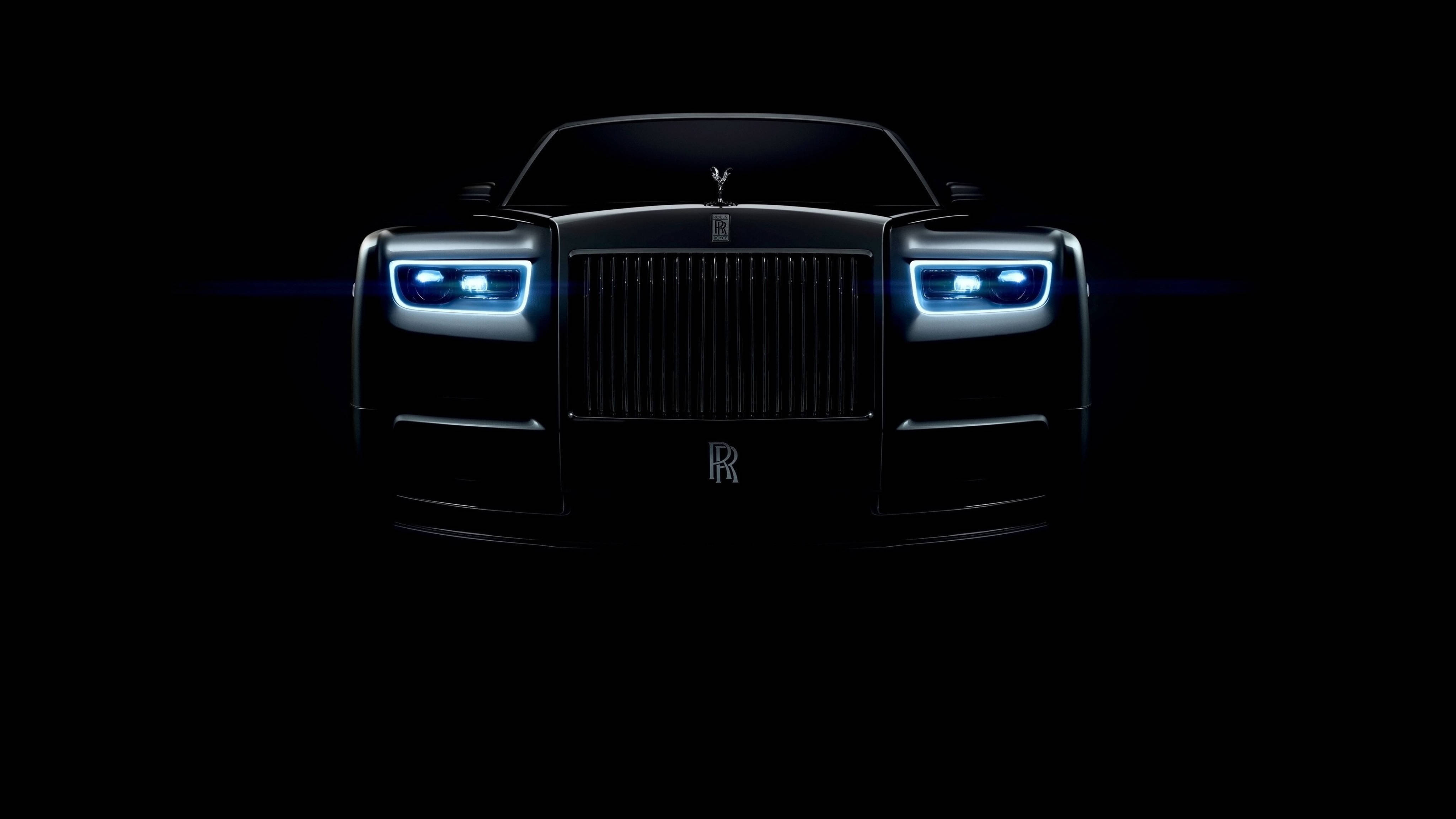 Rolls Royce Phantom, front view, glowing blue headlights, 4K Desktop Wallpaper