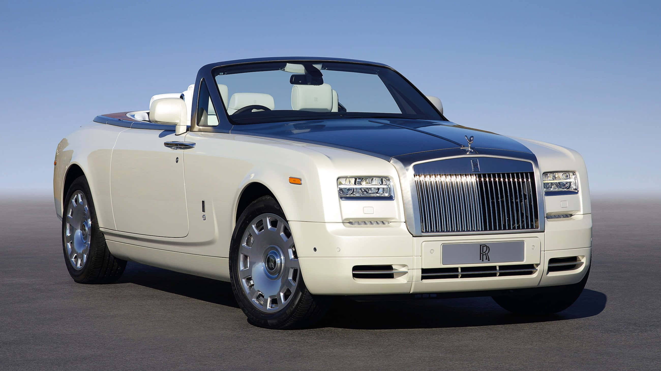 Rolls Royce Phantom Drophead Coupe, cream and blue, smooth gray surface, 2K Desktop Wallpaper