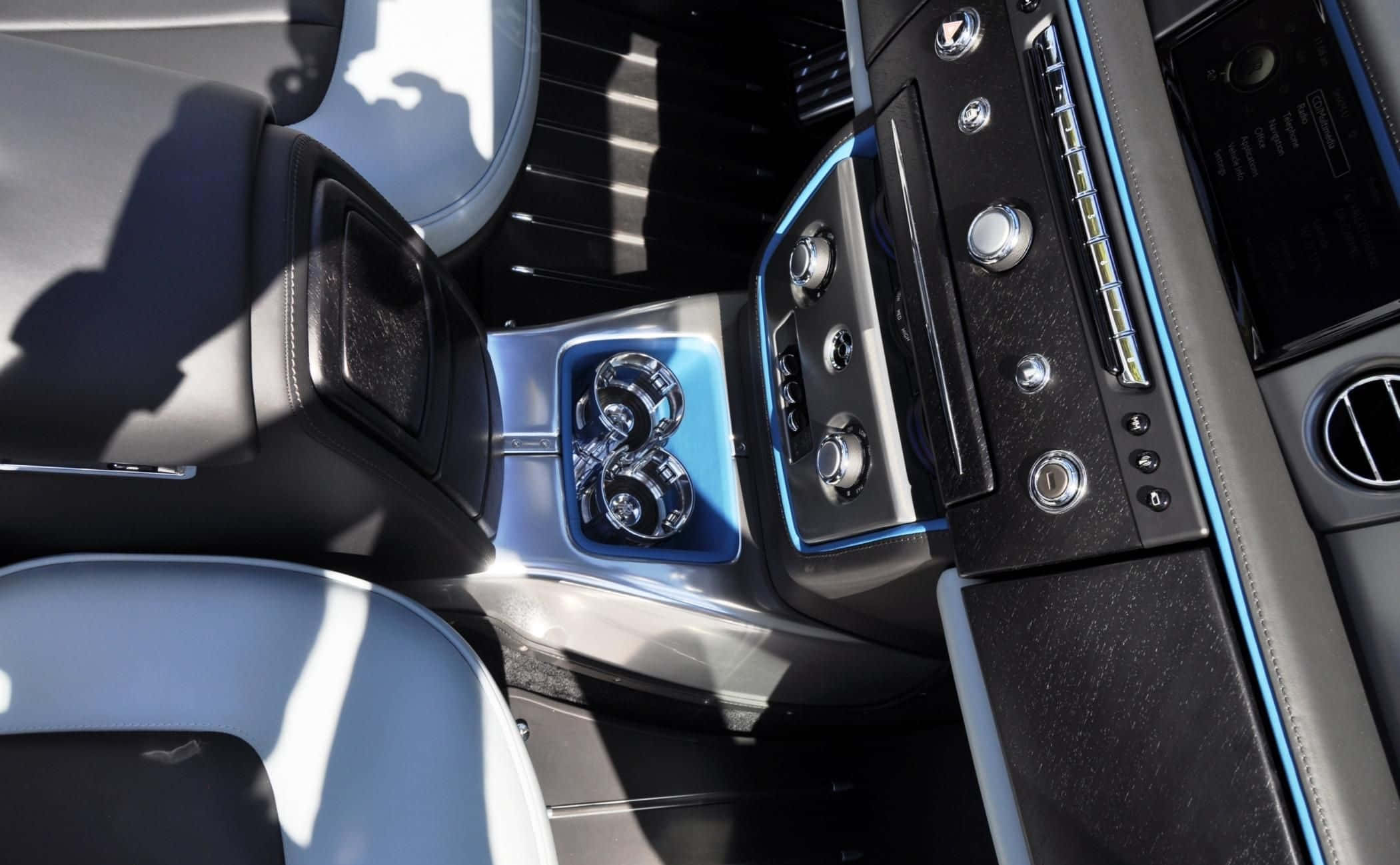Rolls Royce Phantom Drophead Coupe, light blue leather seats, glowing blue ambient lighting, Full HD Desktop Wallpaper