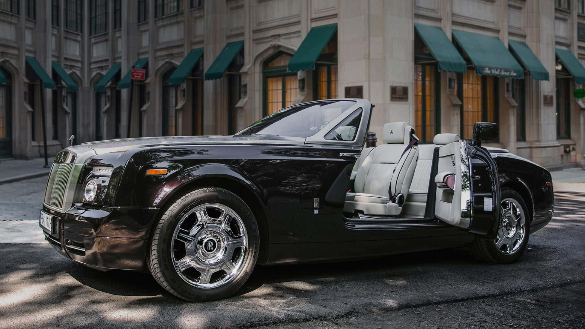 Rolls Royce Phantom Drophead Coupe, glossy black, sunlit city street, Full HD Desktop Wallpaper
