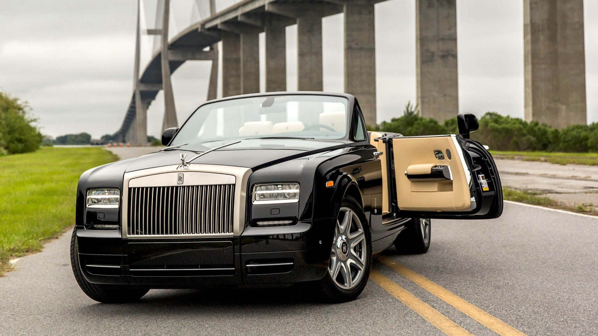 Rolls Royce Phantom Drophead Coupe, black, tan interior, Full HD Desktop Wallpaper