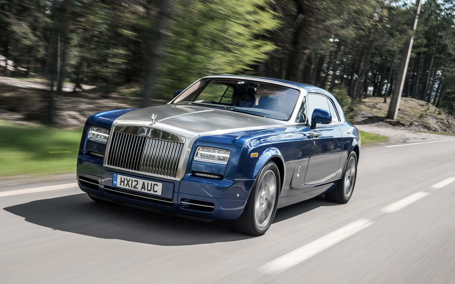 Rolls Royce Phantom Drophead Coupe, sleek blue, sunlit forest road, HD Desktop Wallpaper