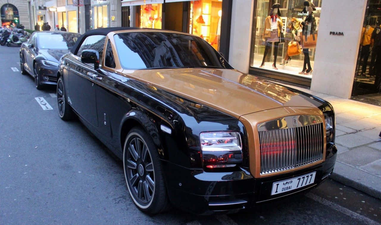 Rolls Royce Phantom Drophead Coupe, black and gold, city street, HD Desktop Wallpaper