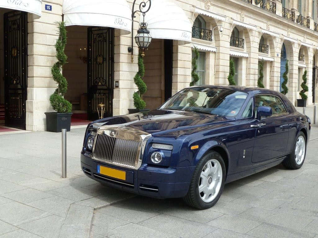 Rolls Royce Phantom Drophead Coupe, navy blue, stone-paved street, SD Desktop Wallpaper