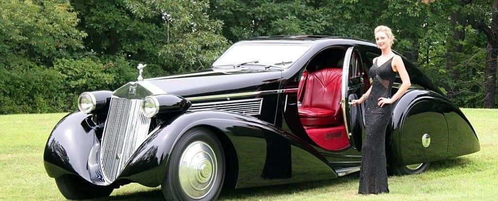 Rolls Royce Phantom Drophead Coupe, black vintage car, red leather interior, SD Desktop Wallpaper