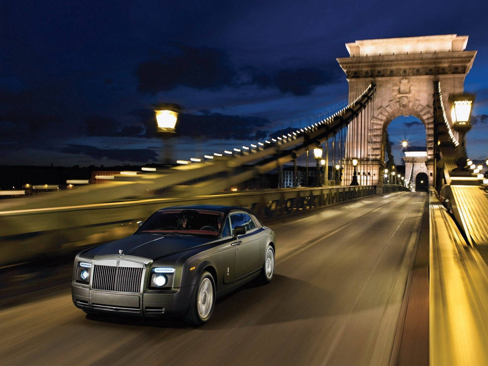 Rolls Royce, suspension bridge, deep blue night sky, HD Desktop Wallpaper