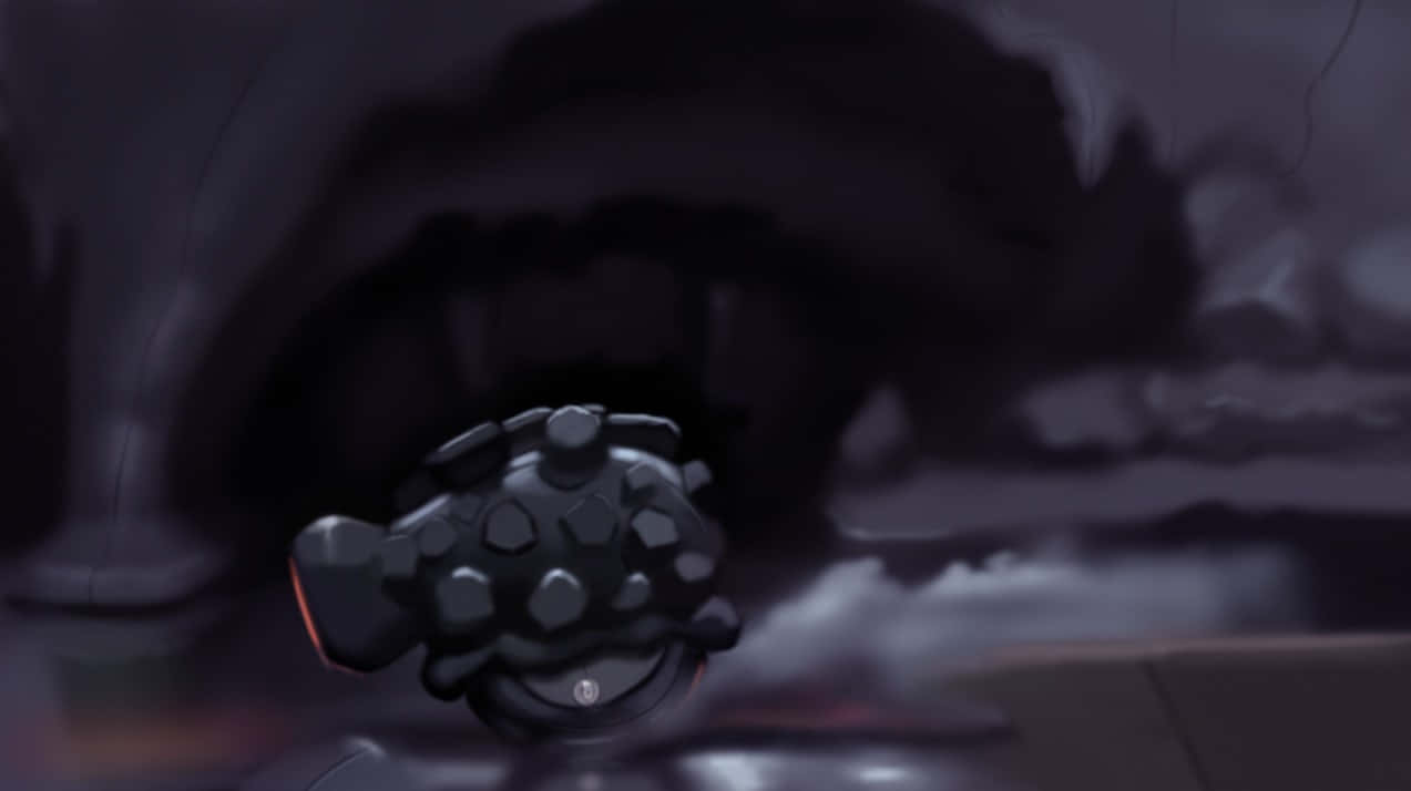Rolycoly, dark textured spherical robot, glowing red accents, SD Desktop Wallpaper