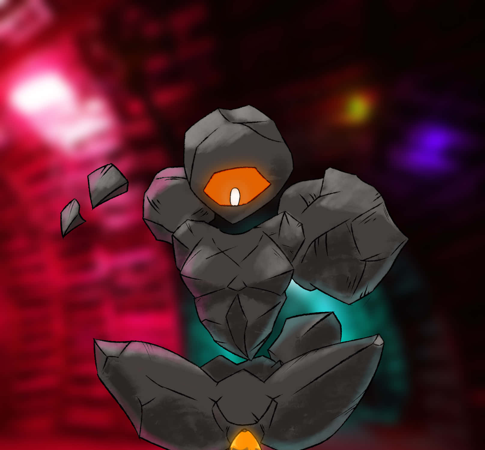 Rolycoly, glowing orange eyes, teal aura, HD Desktop Wallpaper