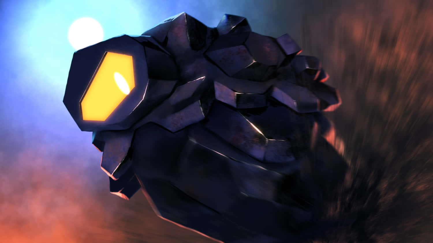 Rolycoly, glowing yellow hexagonal eye, fiery orange and cool blue haze, HD Desktop Wallpaper