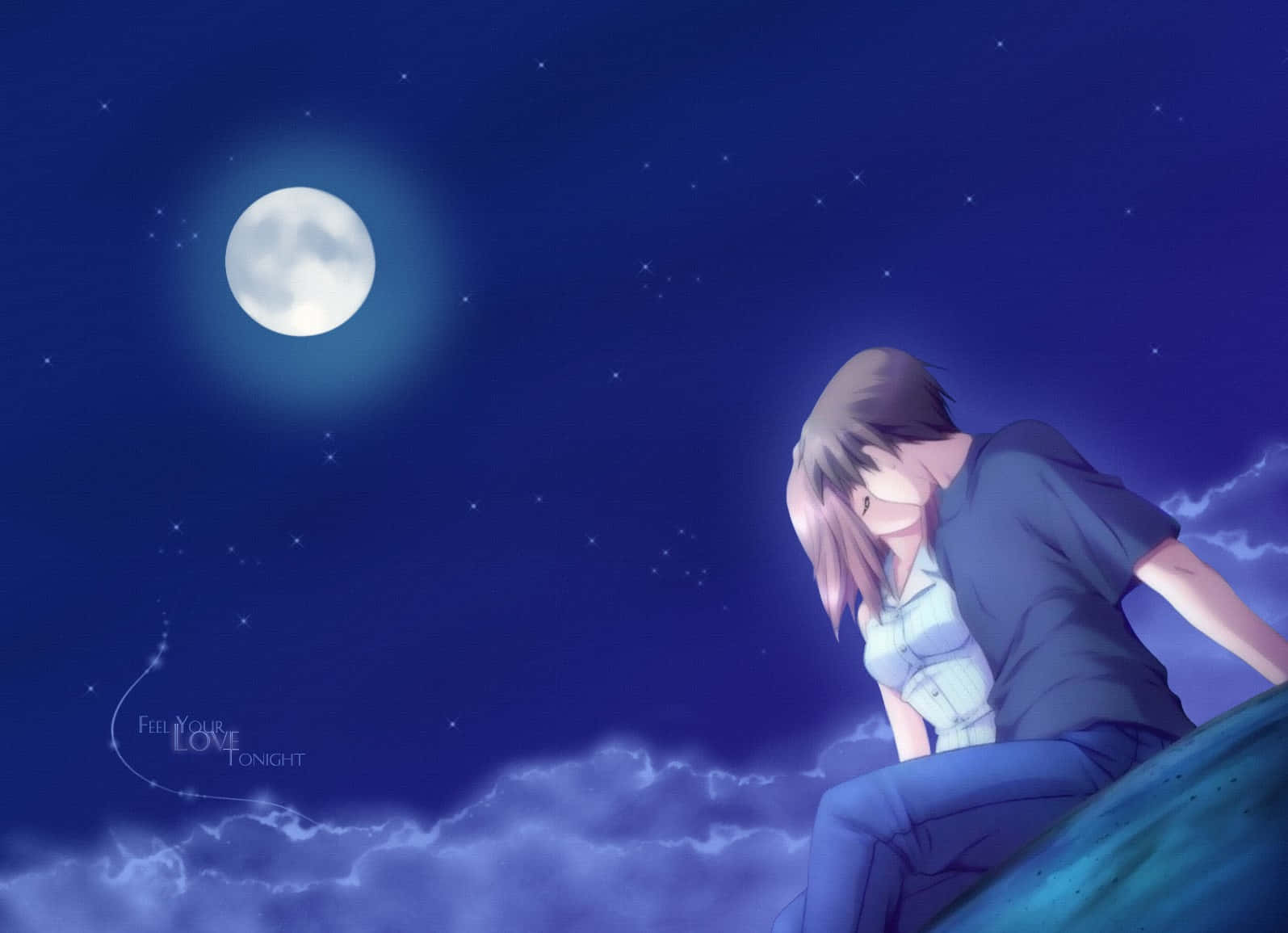 anime girl, cloud, glowing full moon, HD Desktop Wallpaper