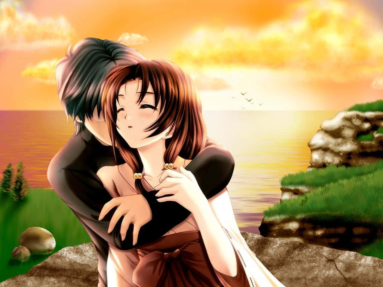Romance Anime, couple, sunset, HD Desktop Wallpaper