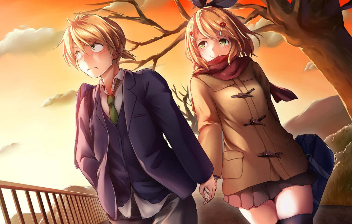 blushing couple, sunset, anime teens, HD Desktop Wallpaper