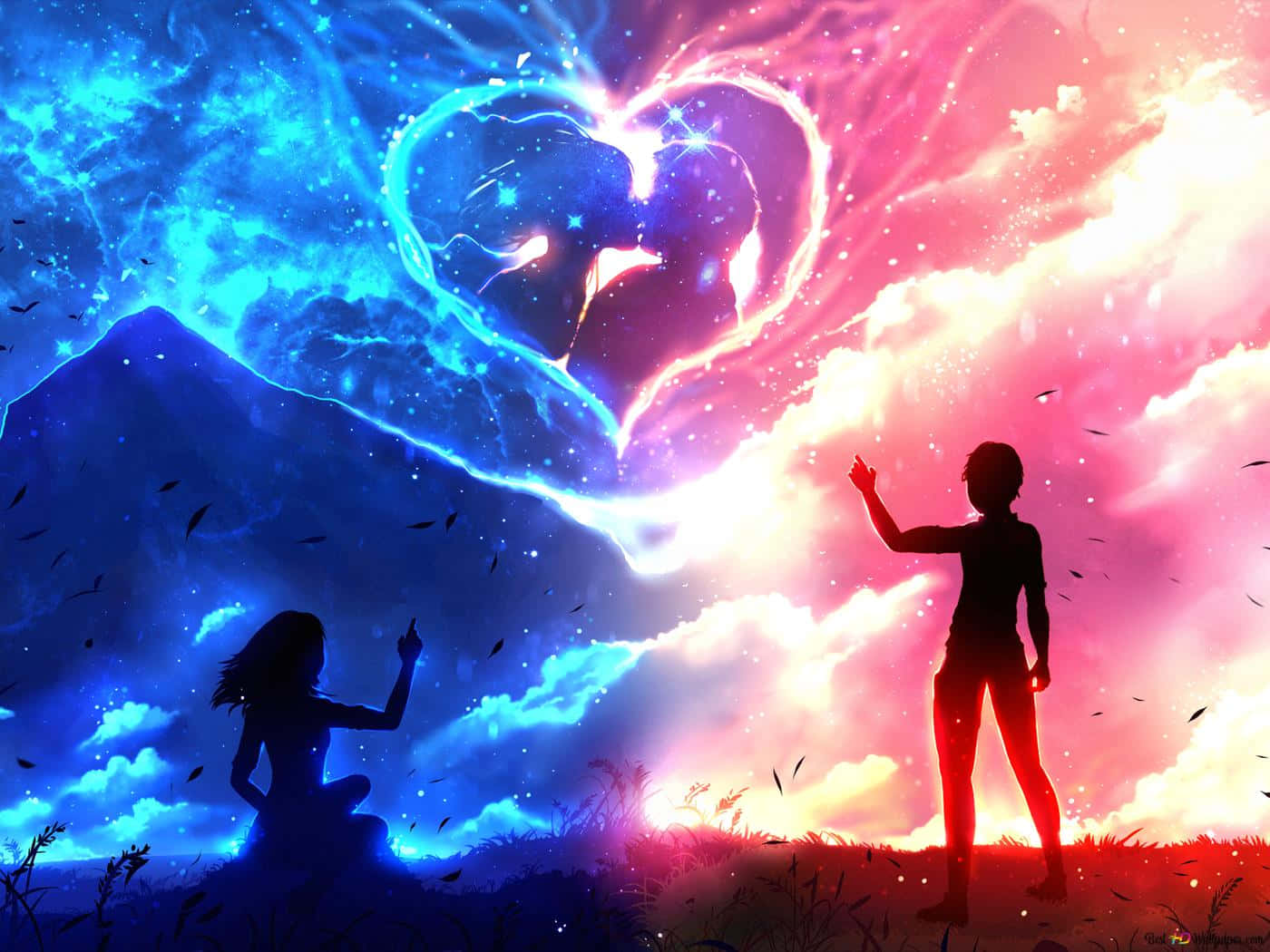 blue and pink couple silhouette, glowing heart-shaped nebula, cosmic sky, HD Desktop Wallpaper