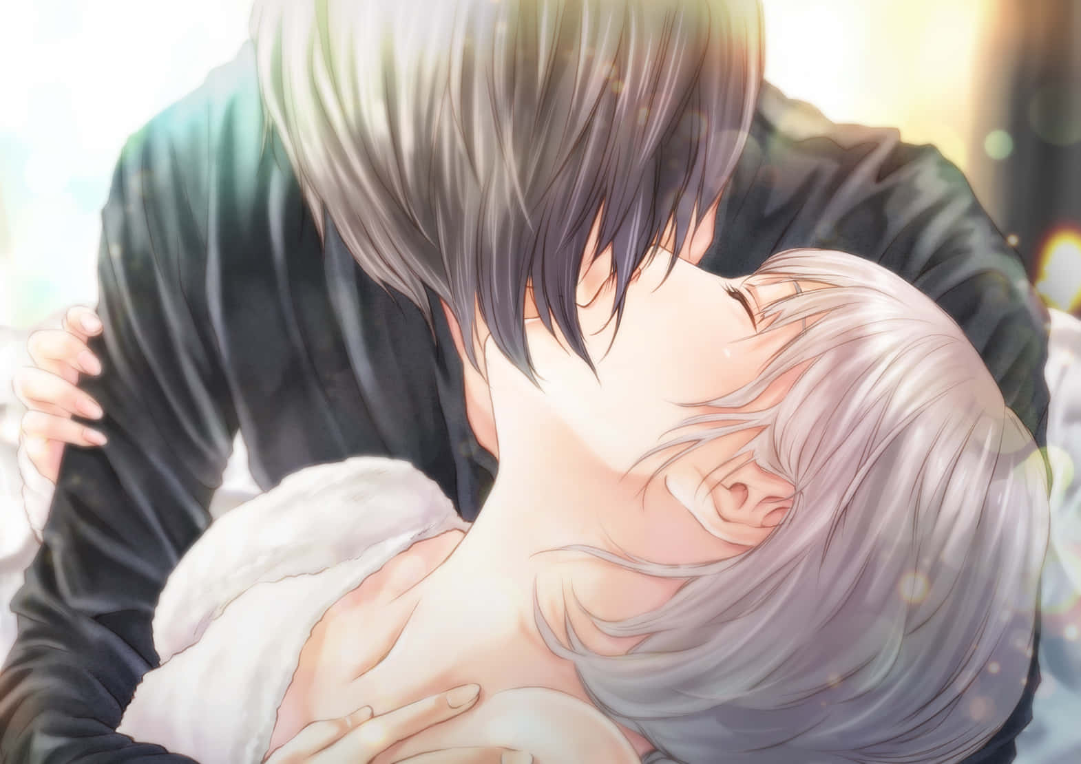 intimate romance anime couple kissing, soft glowing light, gentle bokeh background, HD Desktop Wallpaper