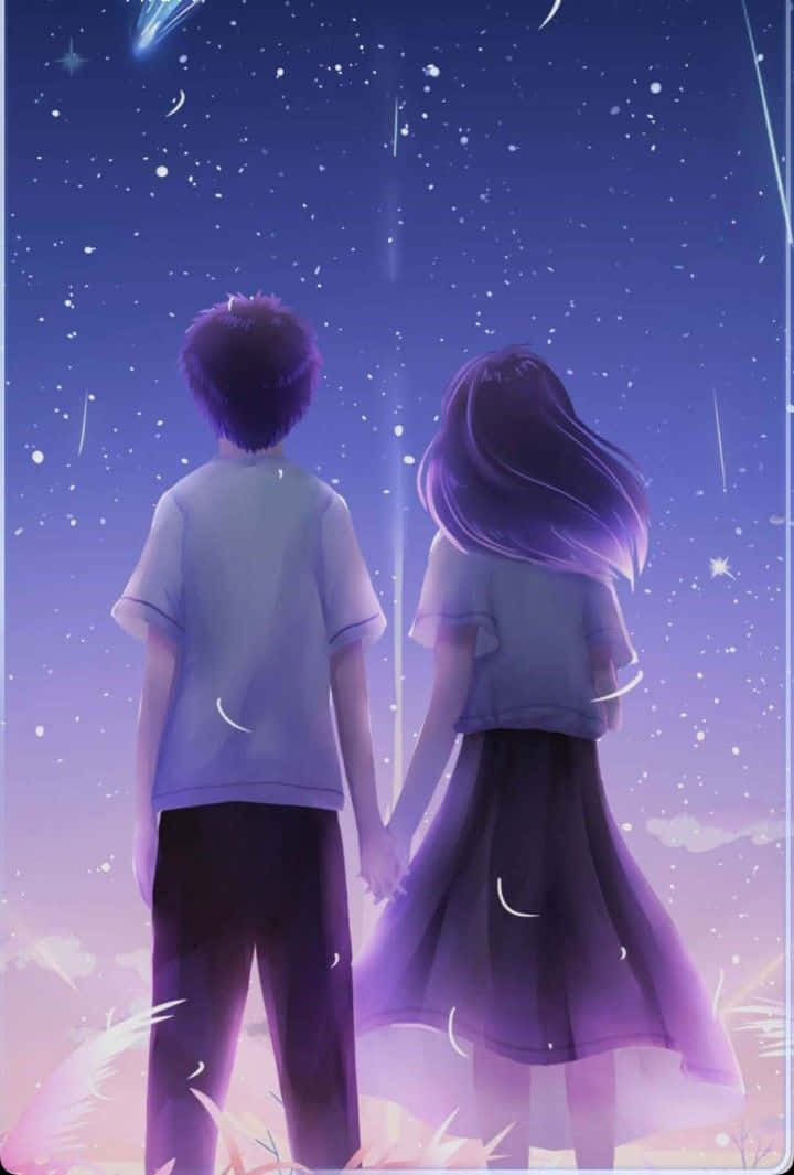 purple romance anime, student couple, starry purple sky, SD Phone Wallpaper