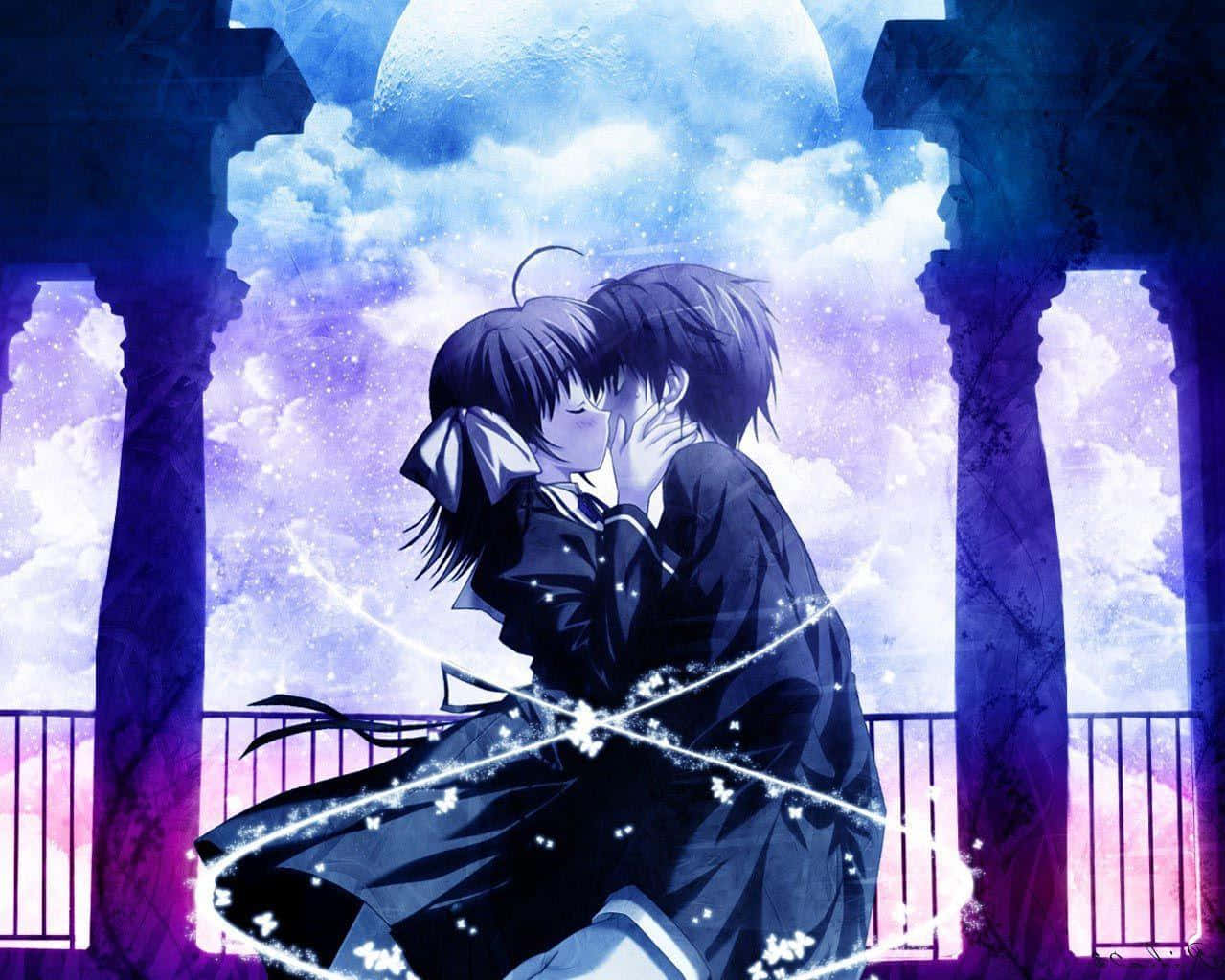 Romance Anime, kissing, glowing moon, SD Desktop Wallpaper