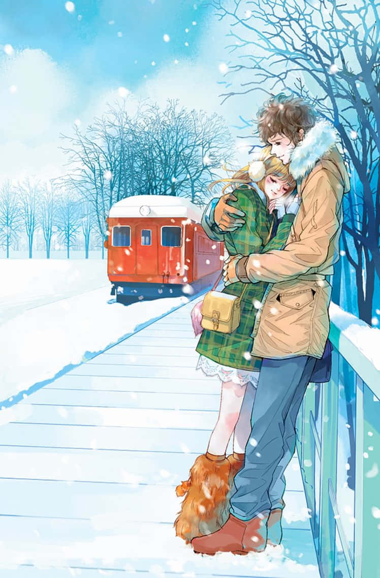 Winter Snow Romance Anime Couple, snowy platform, red train, SD Phone Wallpaper