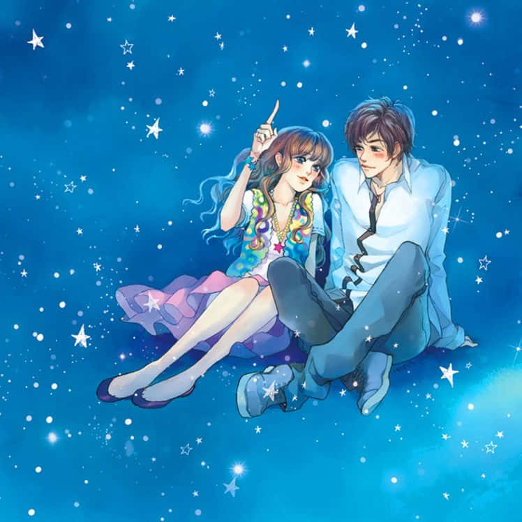 talking couple, starry blue sky, girl pointing upward, SD Desktop Wallpaper