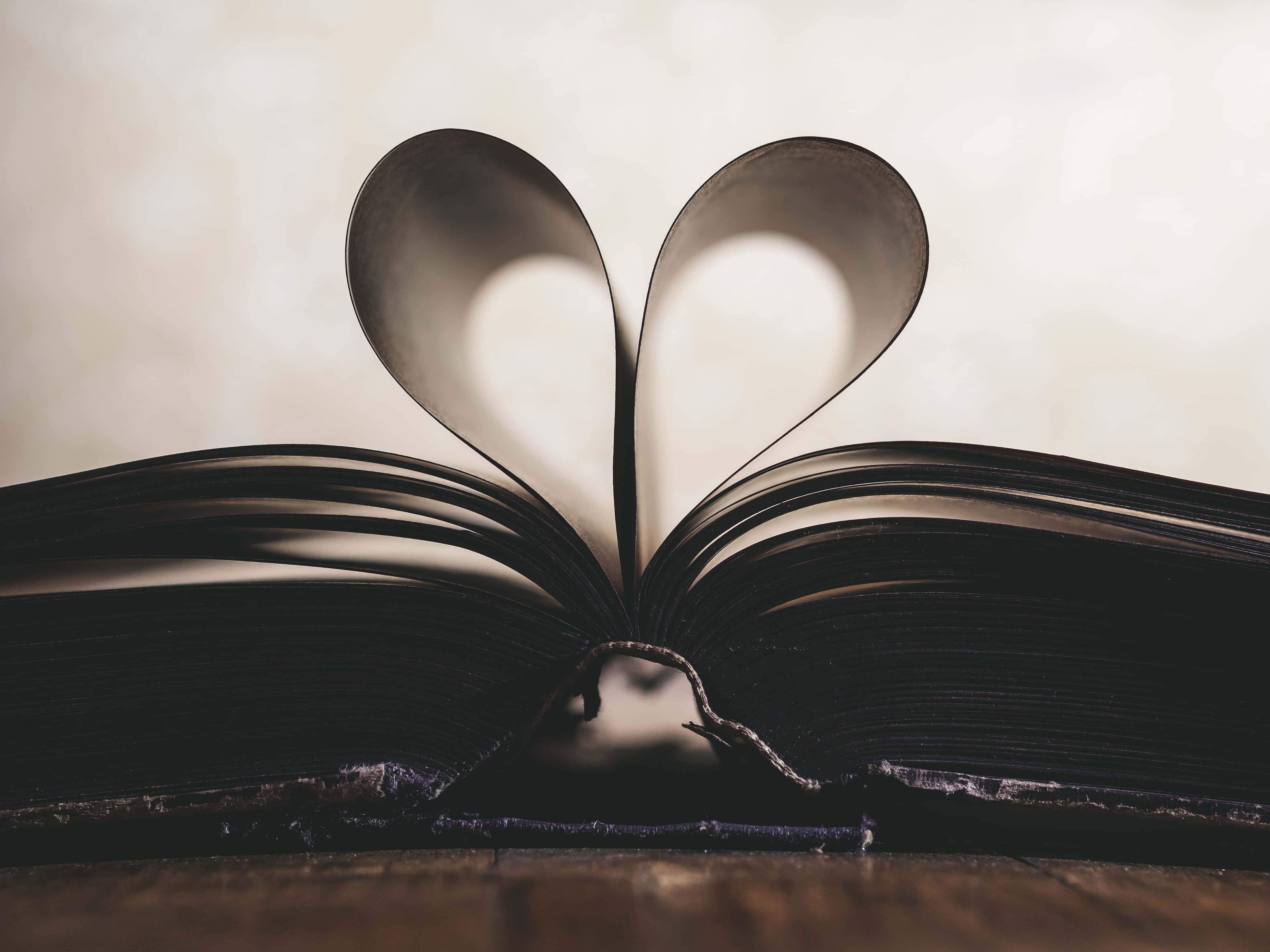 Romance Literature, open book, pages curled into a heart shape, 4K Desktop Wallpaper