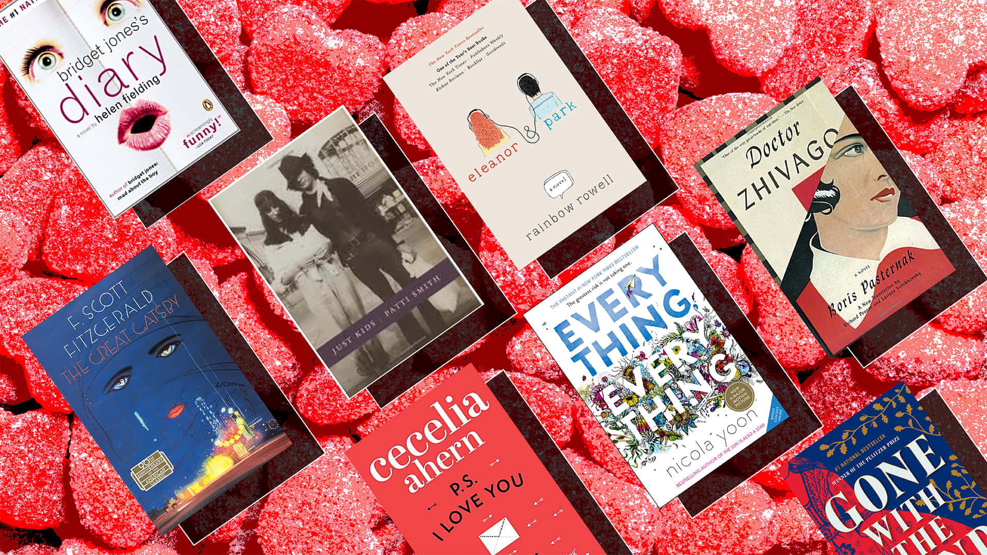 romance literature, faded page, red candy hearts, Full HD Desktop Wallpaper
