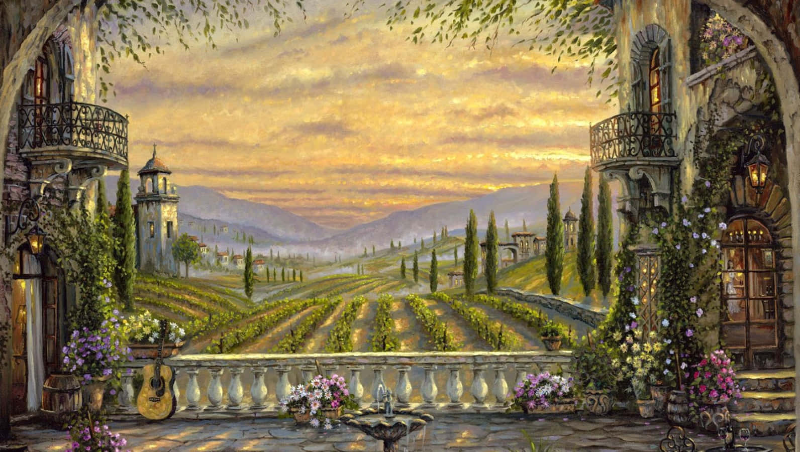 Romanticism, sunlit balcony, rolling vineyards, HD Desktop Wallpaper