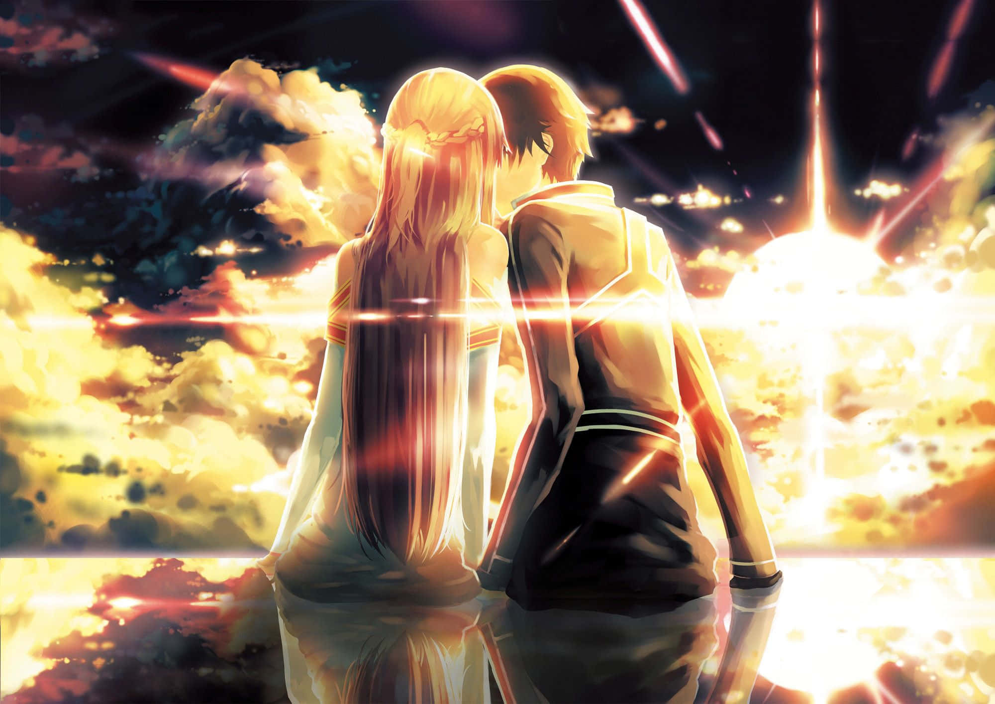 anime characters, radiant sunset sky, glowing clouds, Full HD Desktop Wallpaper