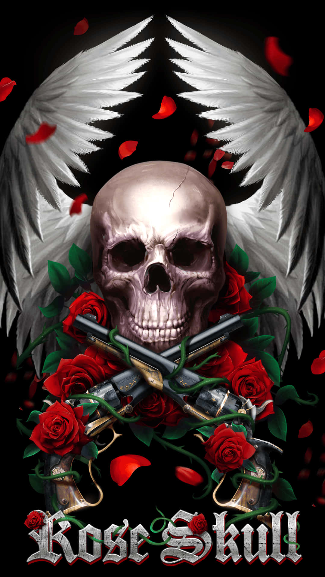 Love Skulls And Roses, white angel wings, crossed guns, Full HD Phone Wallpaper