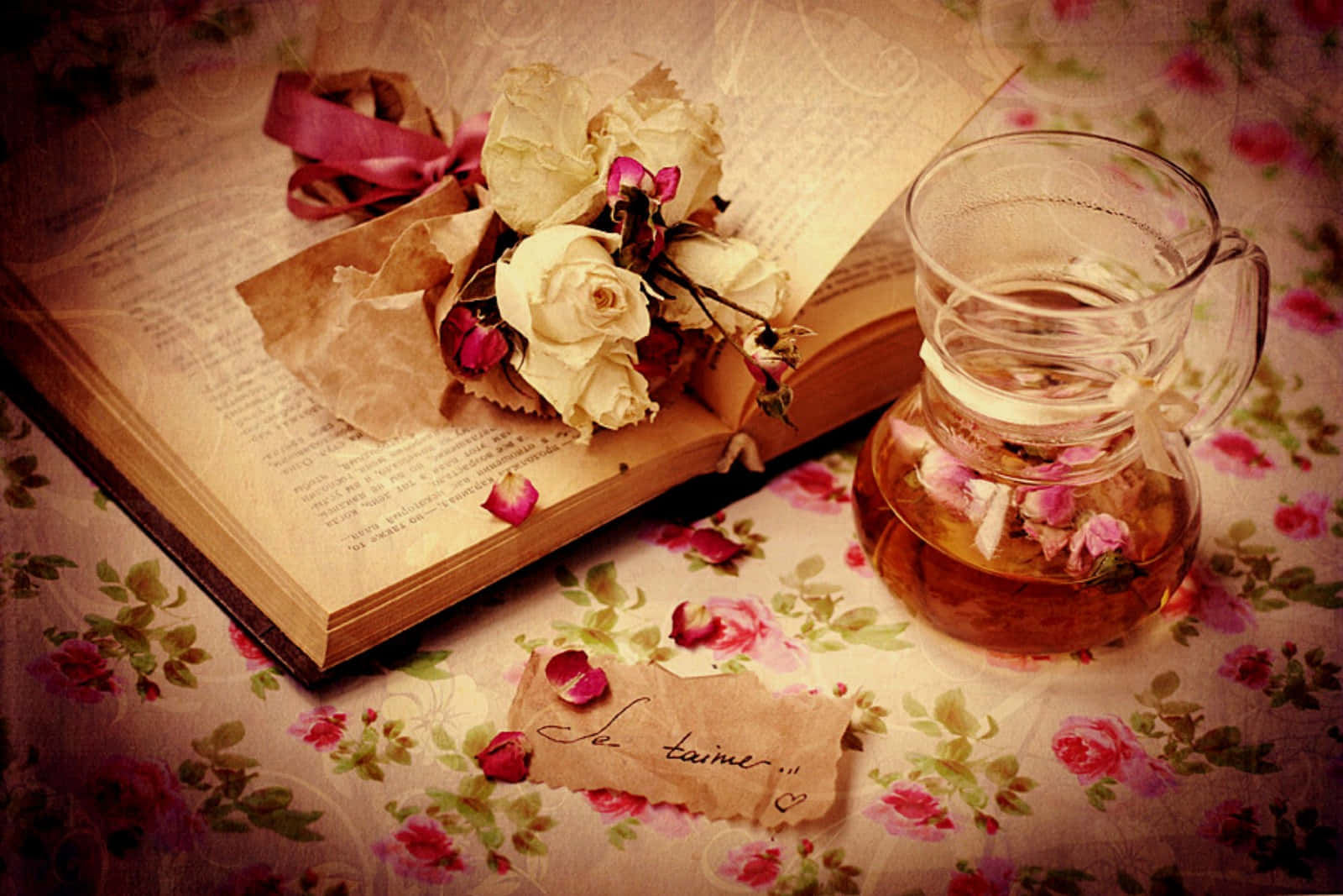 vintage book, glass teapot, rose tea, HD Desktop Wallpaper