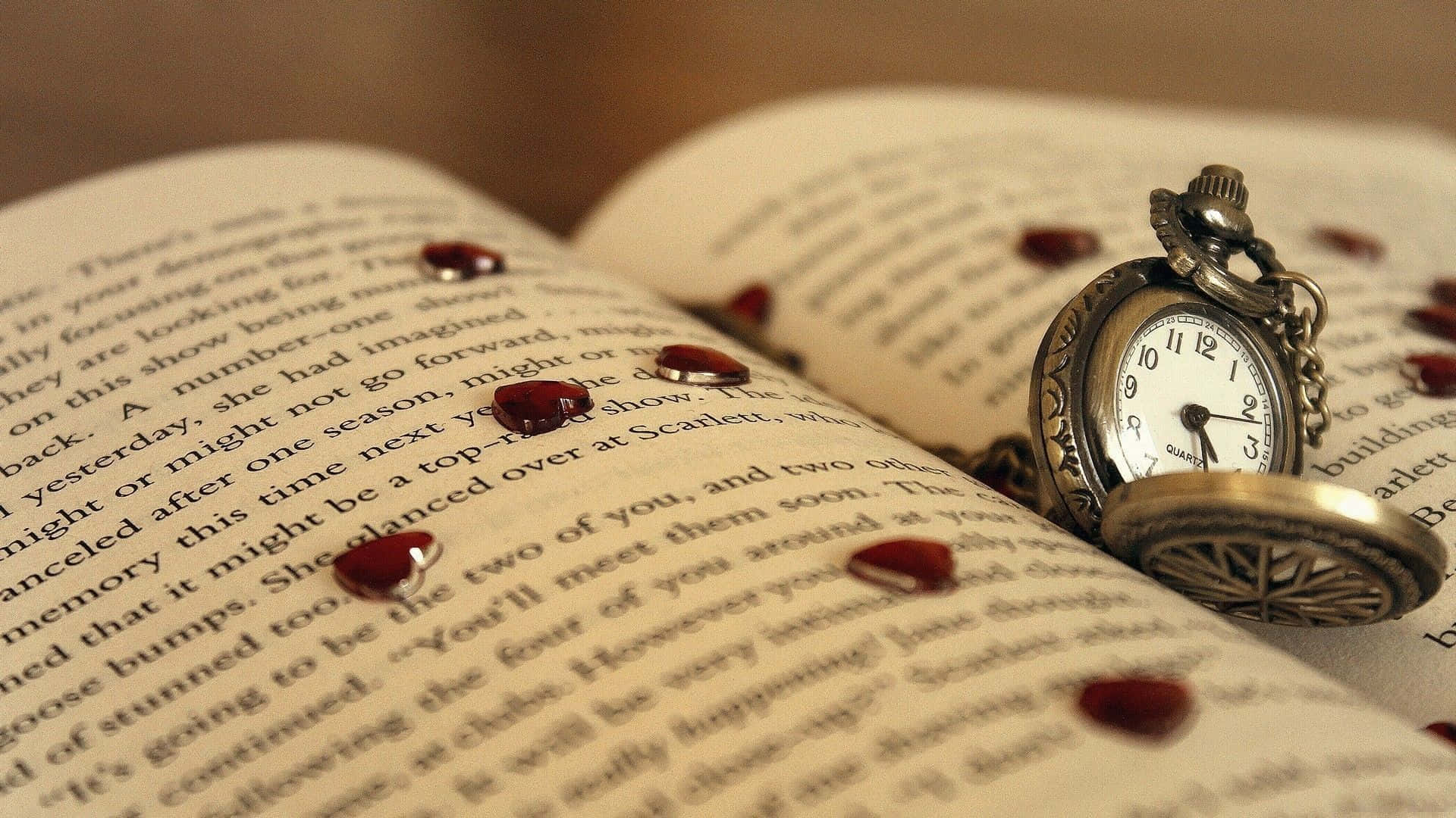 Romance Literature, antique pocket watch, open book, Full HD Desktop Wallpaper