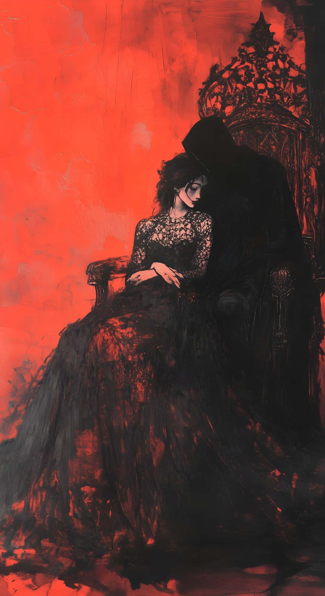 dark embrace on gothic throne, black lace gown, shadowy figure, Full HD Phone Wallpaper