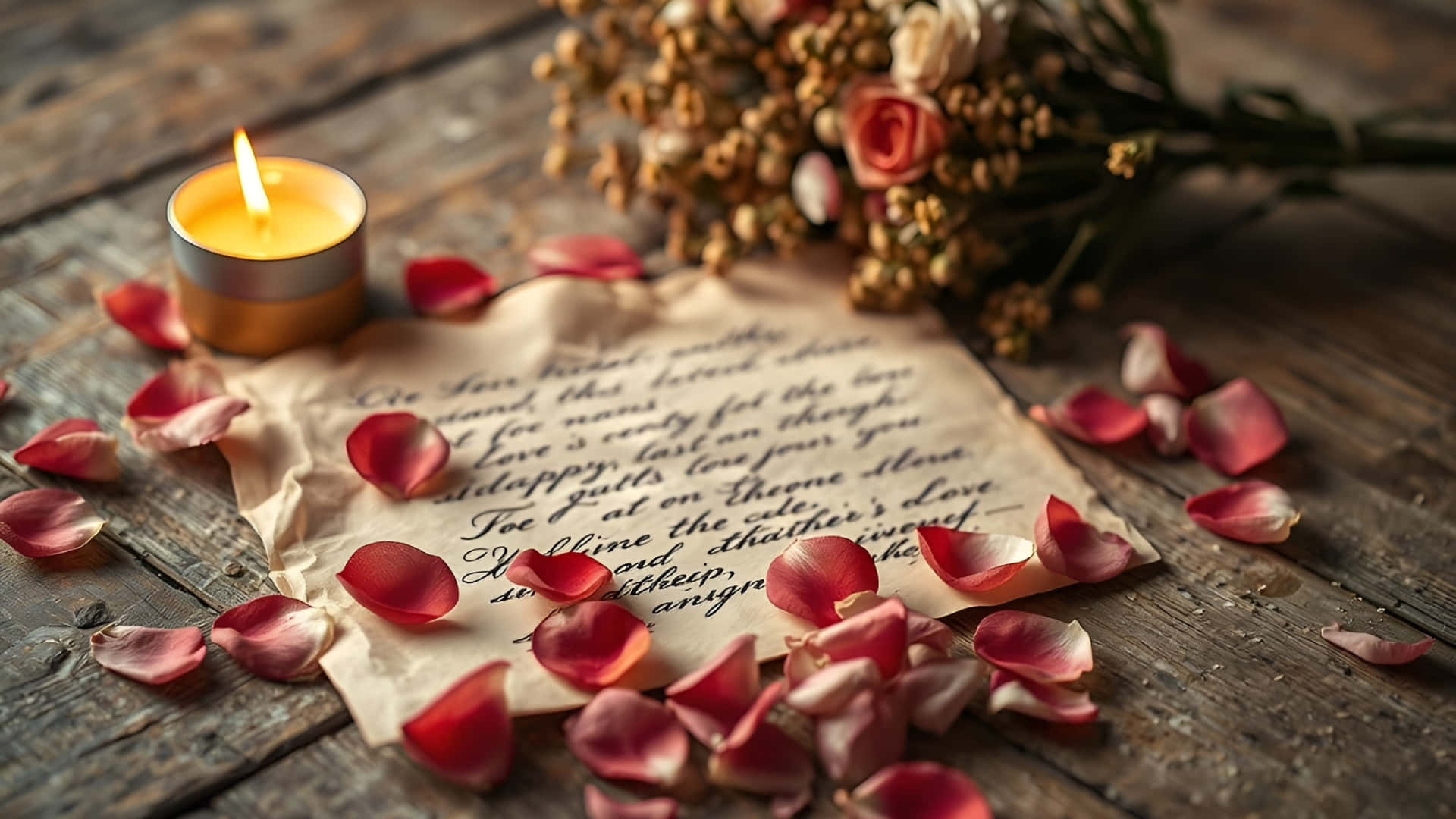 handwritten love letter, rustic wooden table, lit candle, Full HD Desktop Wallpaper