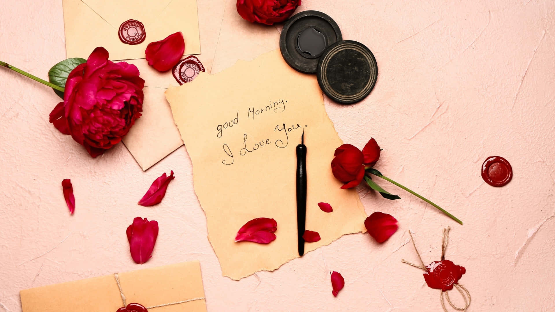 good morning i love you, red roses petals, wax seals, Full HD Desktop Wallpaper