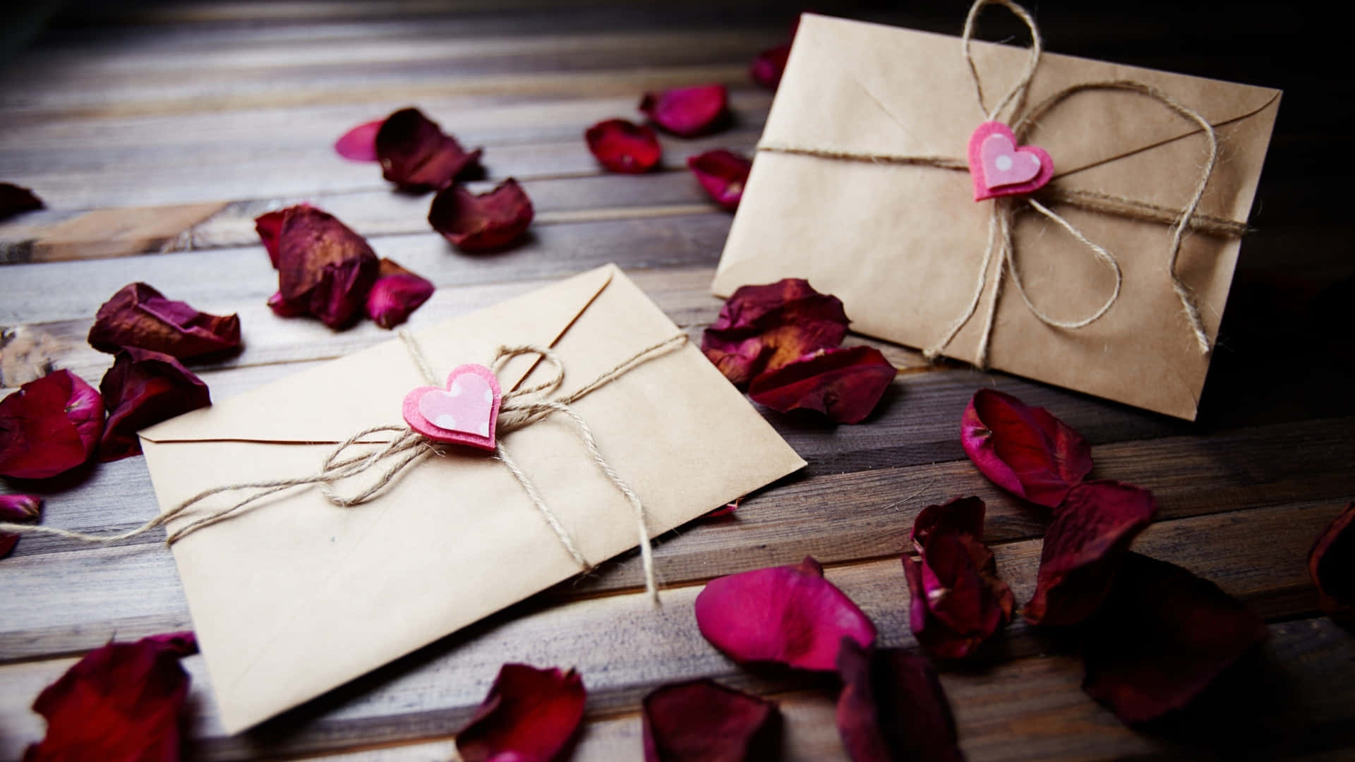 brown paper envelopes, twine, pink heart charms, Full HD Desktop Wallpaper