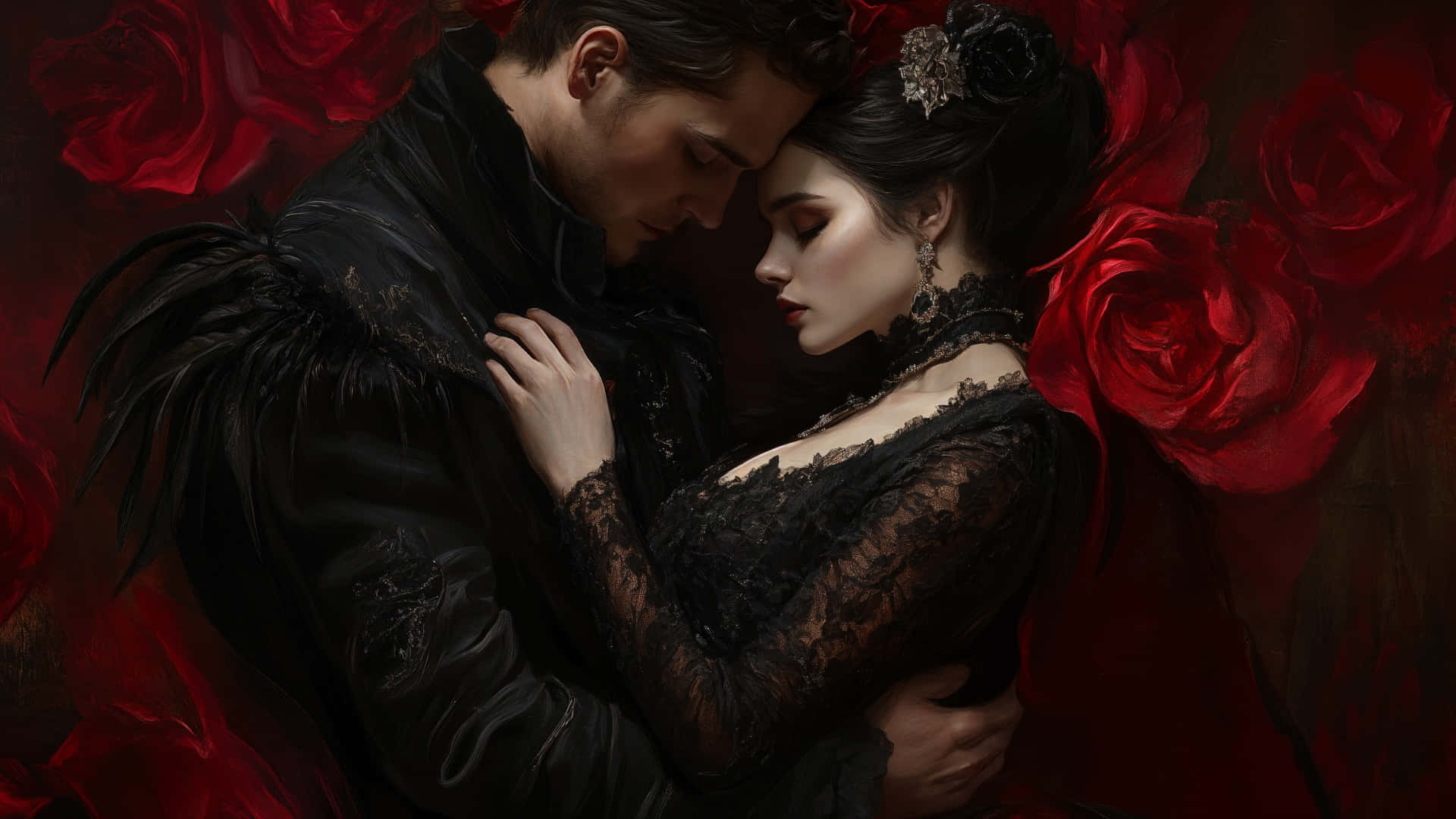 dark romance embrace, black lace, feathered attire, Full HD Desktop Wallpaper
