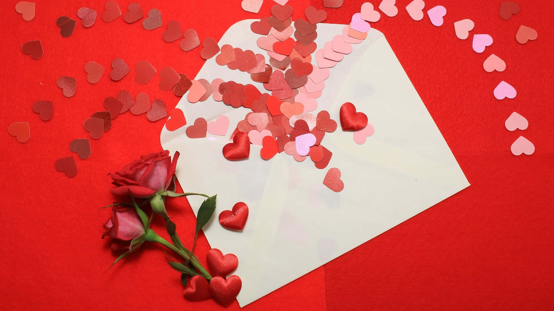 white envelope, red and pink heart confetti, vibrant red surface, Full HD Desktop Wallpaper