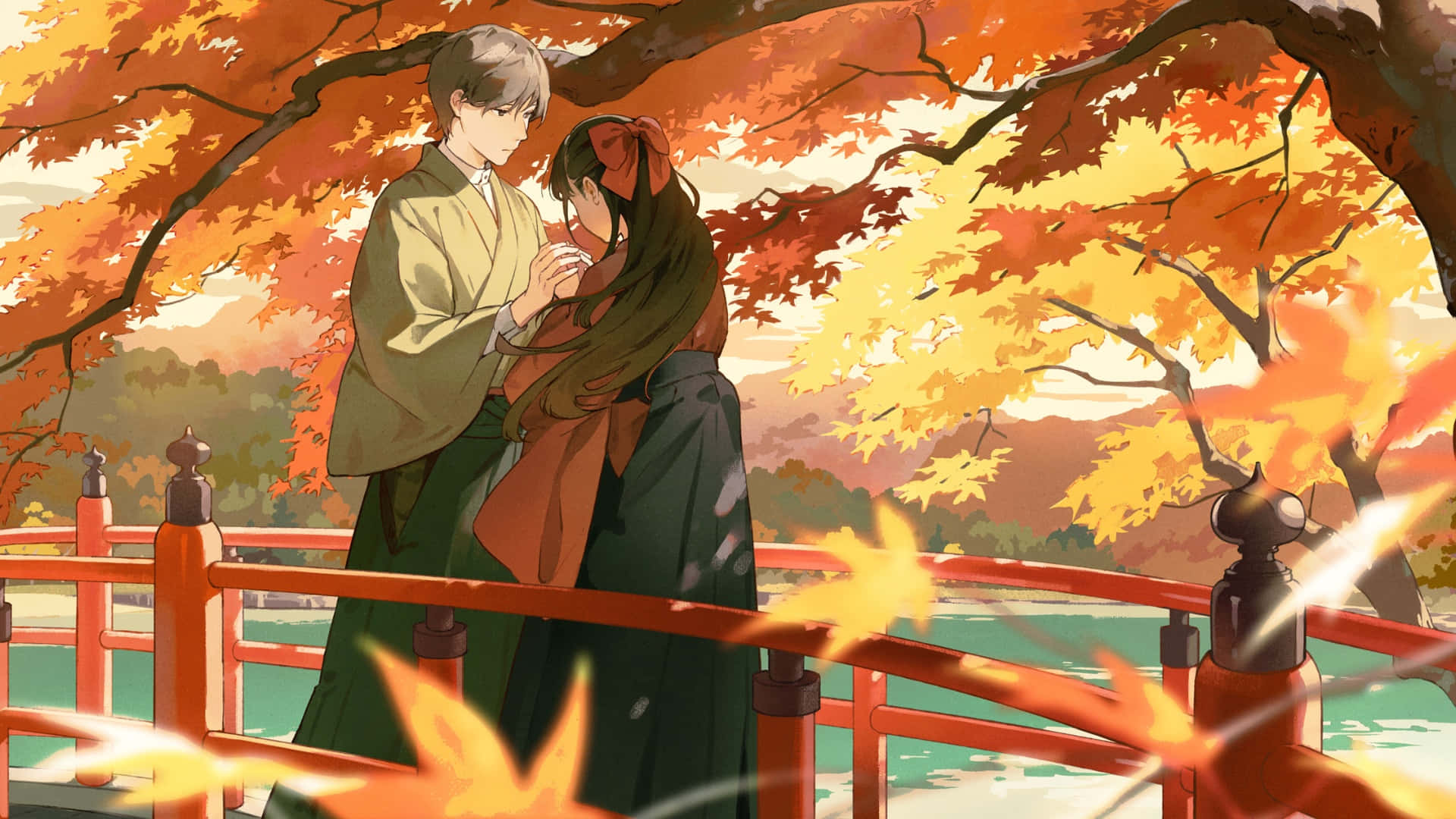 autumn romance, anime, traditional robes, Full HD Desktop Wallpaper