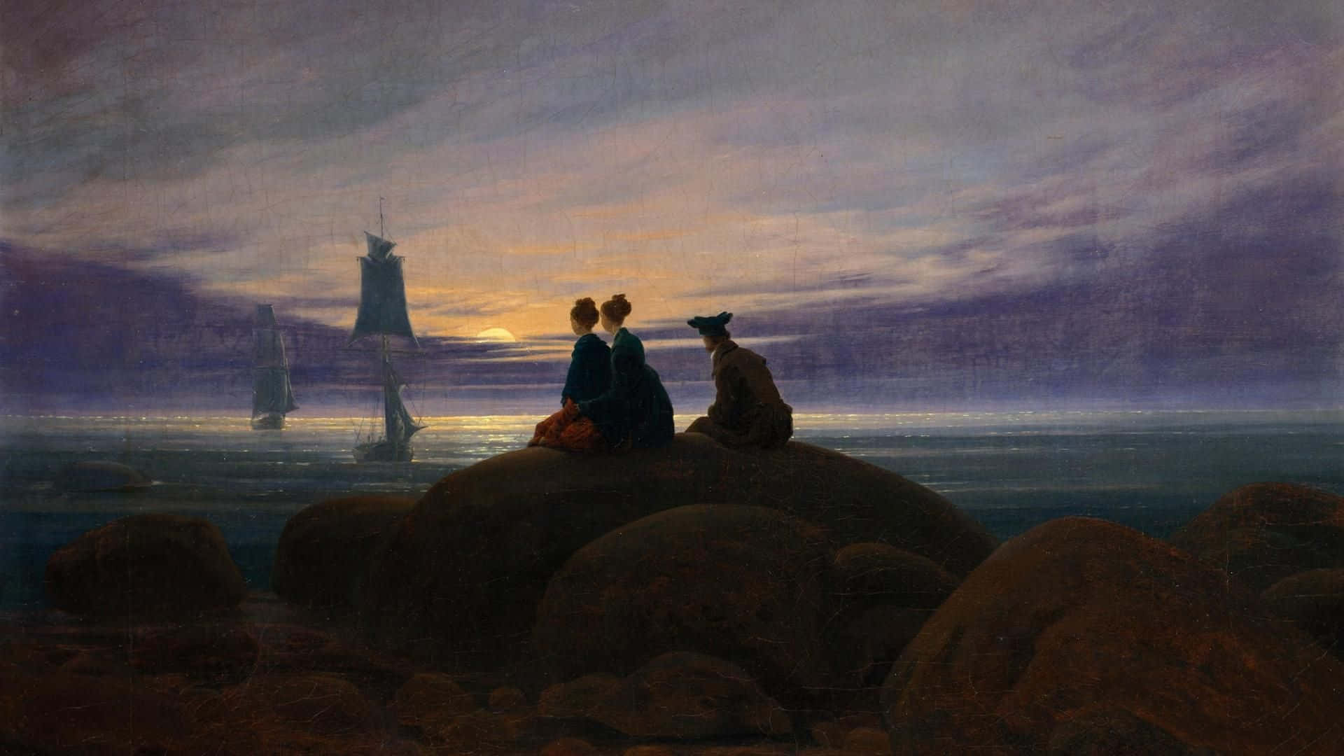 Romanticism, twilight sea, sailing ships, Full HD Desktop Wallpaper