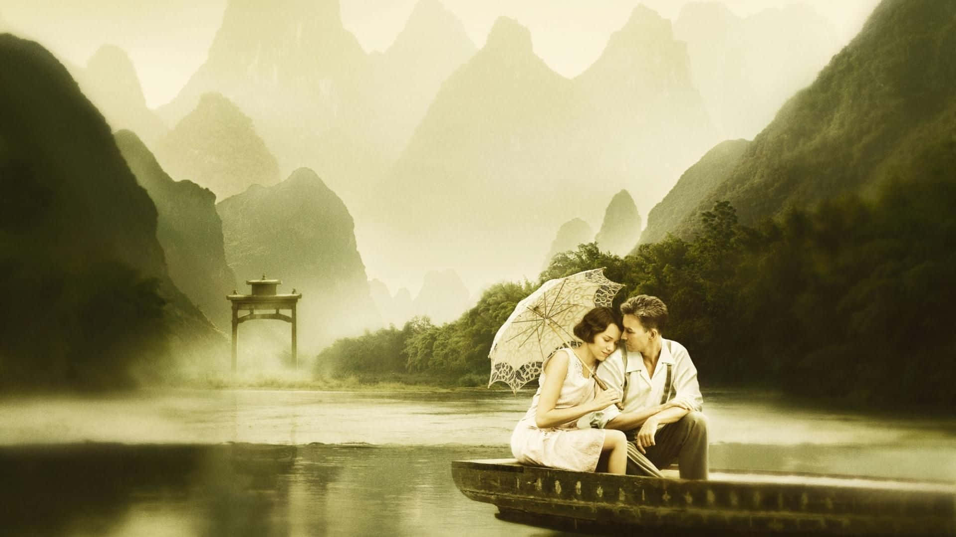 Romanticism, wooden boat, misty mountains, Full HD Desktop Wallpaper