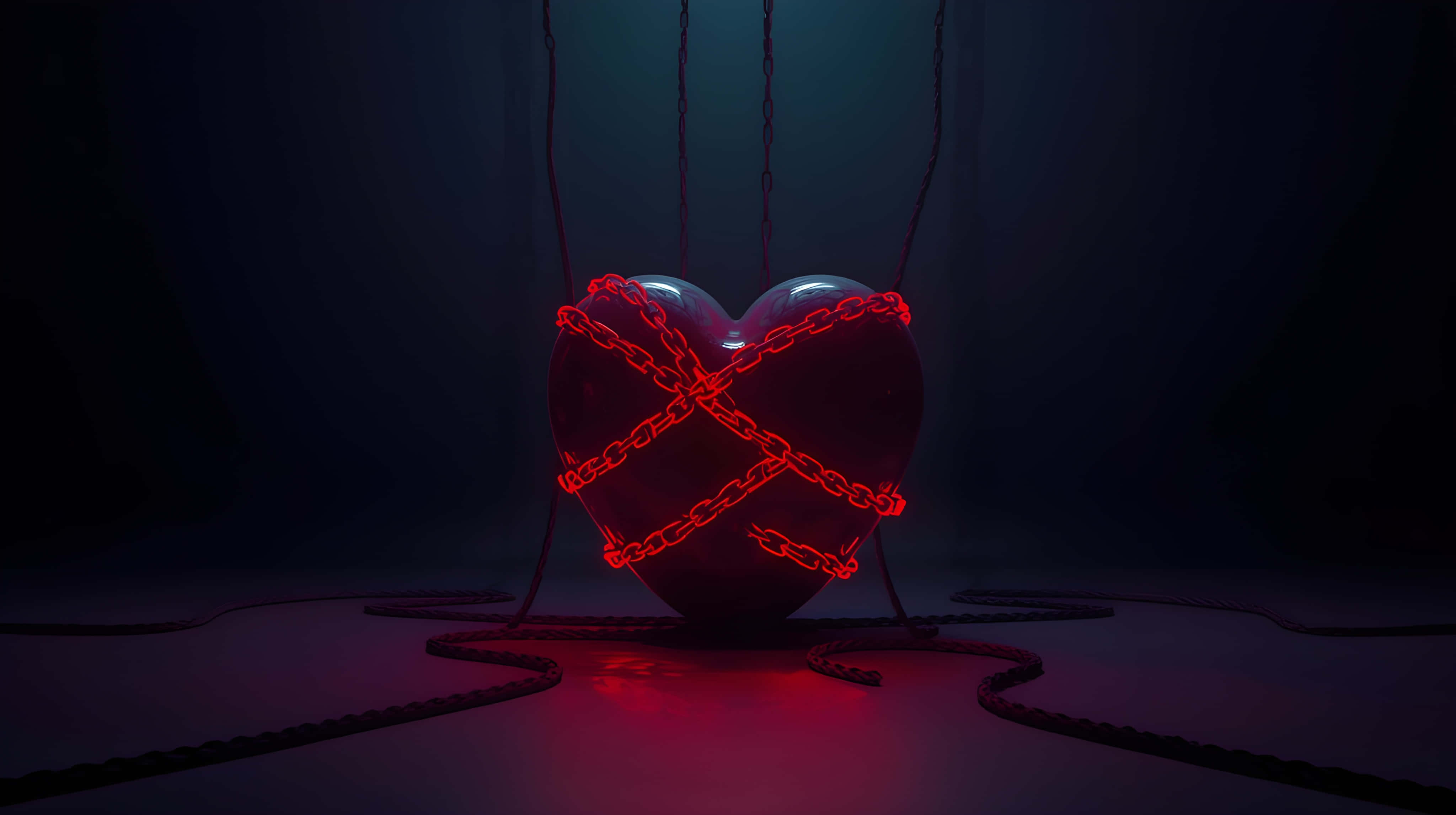 glossy black heart, glowing red neon chains, dark room, 4K Desktop Wallpaper