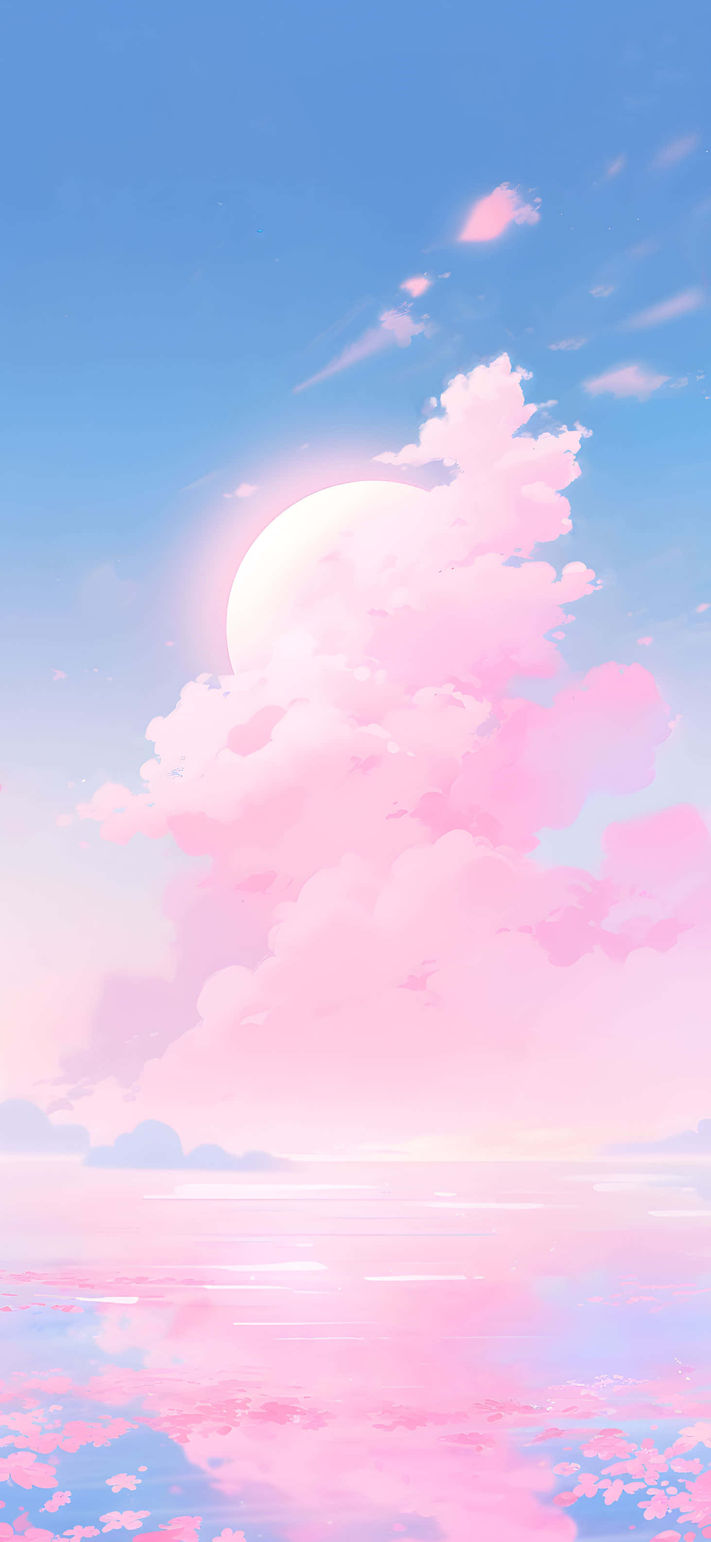 pastel sky, glowing sun, fluffy pink clouds, 2K Phone Wallpaper